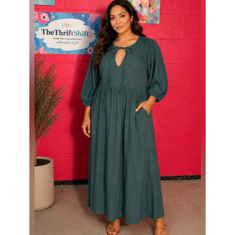 Listicle Teal Green Puff Sleeve Midi Dress with Keyhole Tie Size Medium